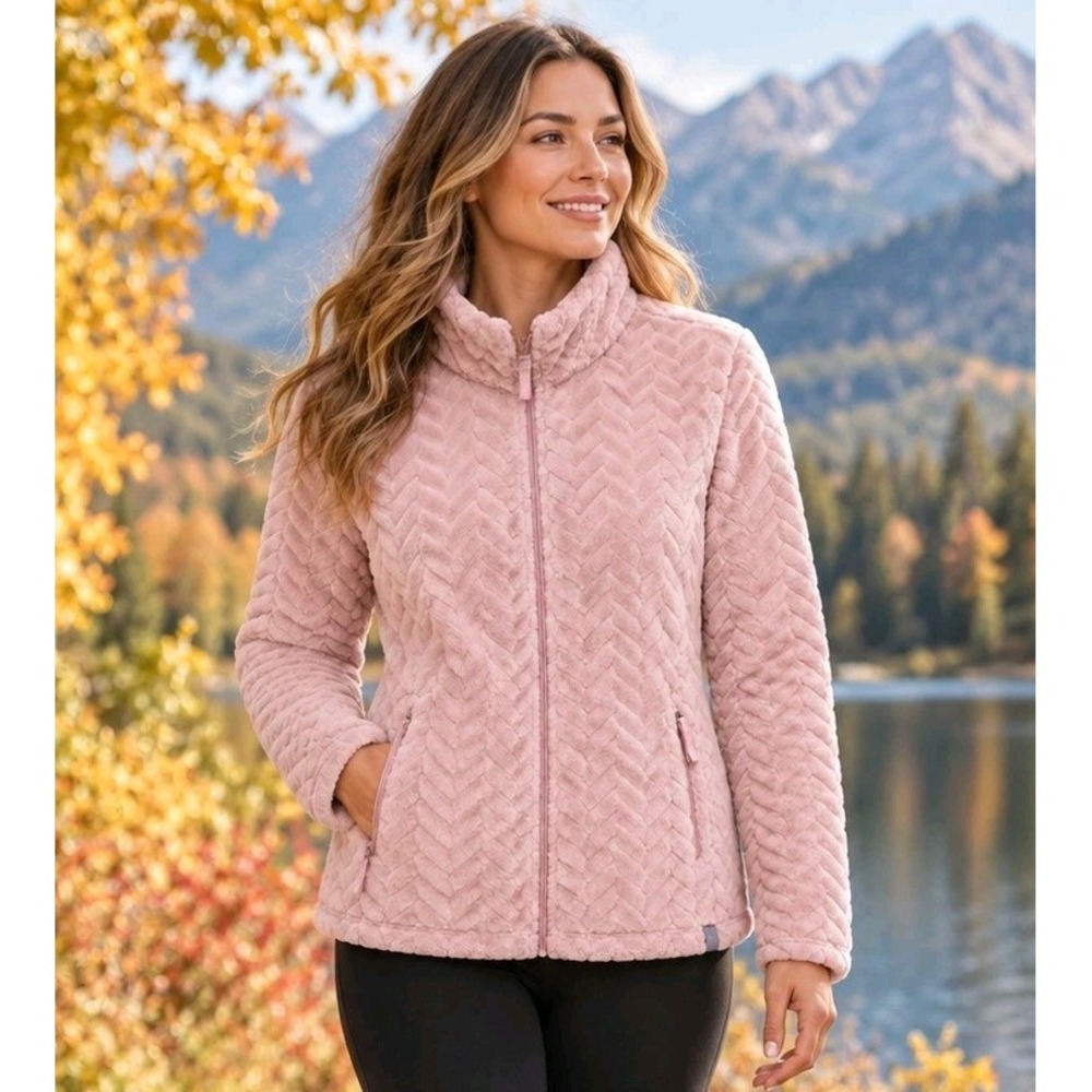 Free Country Womens Large Pink Chevron Butter Pile Full Zip Jacket Large Cozy